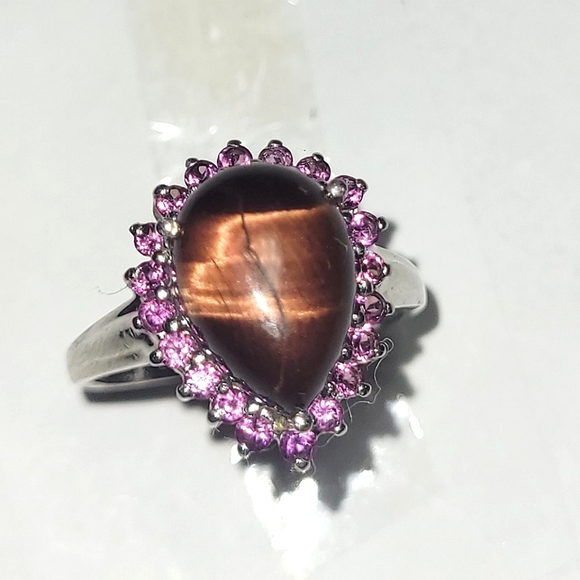 Ring 5 Tiger eye w Pink Crystal Halo Sterling silver - Picture 4 of 6